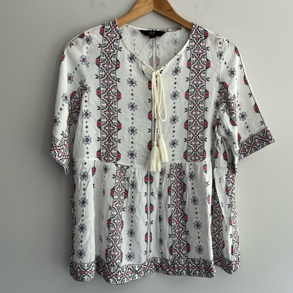 Zink London Bohemian White Blue Red Black Patterned Top size L